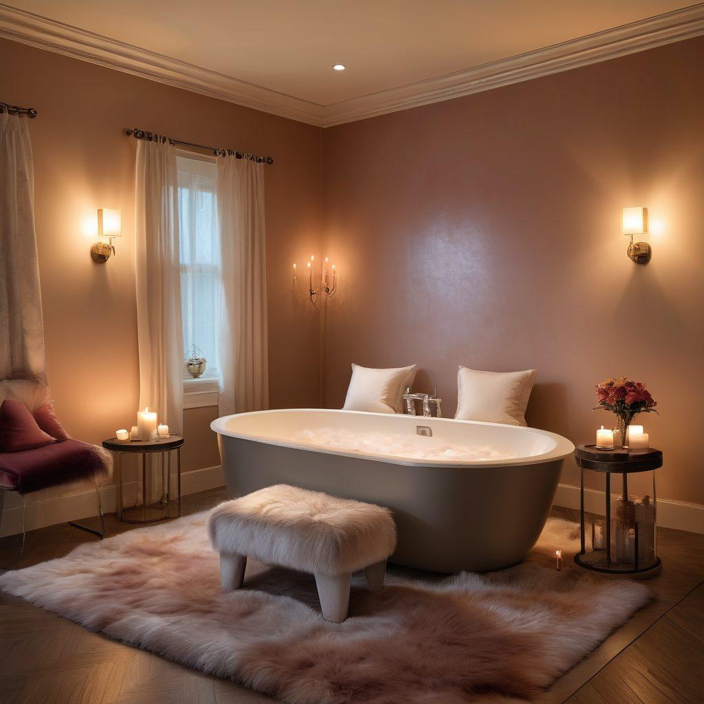 A serene and inviting boudoir setting featuring soft, warm lighting with plush pillows and luxurious fabrics. Tasteful art depicting the beauty of human connection adorns the walls. Include elements of relaxation and wellness, like scented candles and a glass of wine, creating an ambiance of sensuality and comfort. Ethereal and dreamy color palette with a touch of elegance. super-realistic. warm tones. inviting atmosphere.