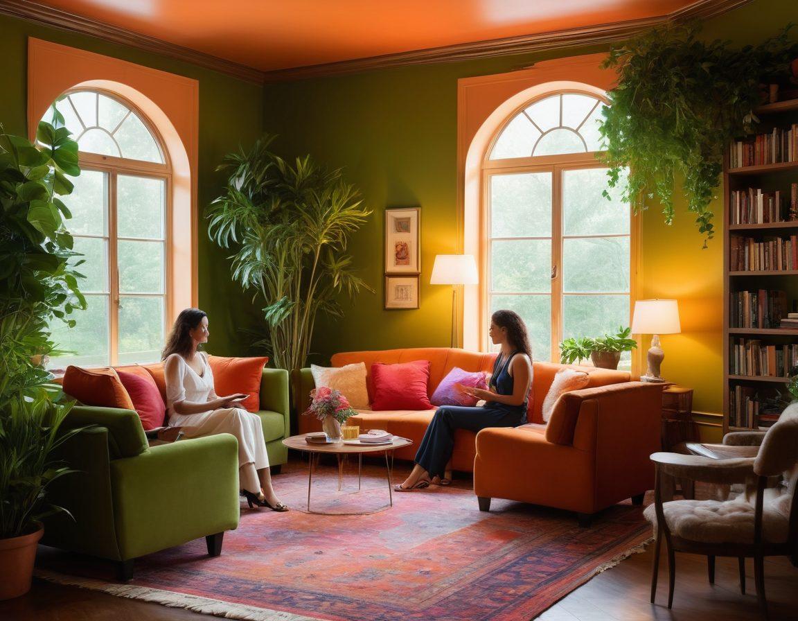 A captivating and empowering scene featuring a diverse group of individuals in a serene, intimate setting discussing sexuality and health. Incorporate elements of art like books and plants symbolizing knowledge and growth, along with subtle erotic symbols like abstract heart shapes or sensual silhouettes. The atmosphere should feel open and inclusive, fostering conversation and understanding. Soft lighting accentuates the warmth and connection among the figures. vibrant colors. soft focus. painting.